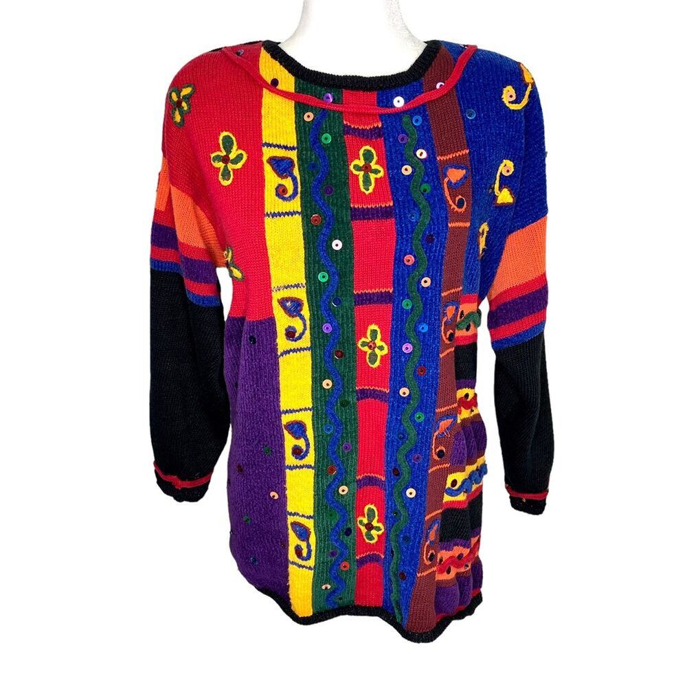 Carole Little Vintage 1980's Vibrant Color Block Sweater Oversized Y2K Small